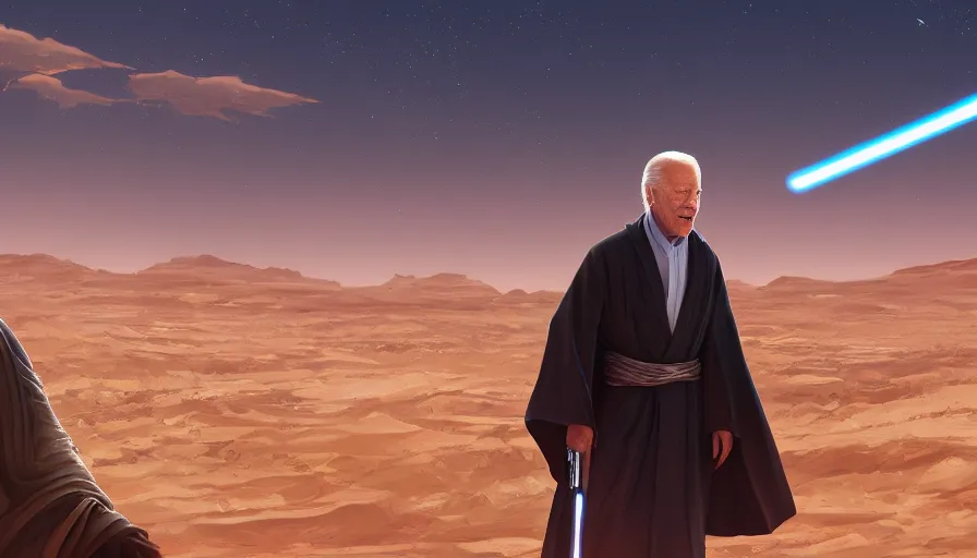 Image similar to joe biden is obi - wan kenoby, desert in the background, hyperdetailed, artstation, cgsociety, 8 k