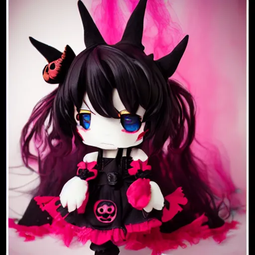 Image similar to cute fumo plush of a magical girl from the depths of hell, gothic maiden of the dark, tattered wings, halloween, cursed, vray