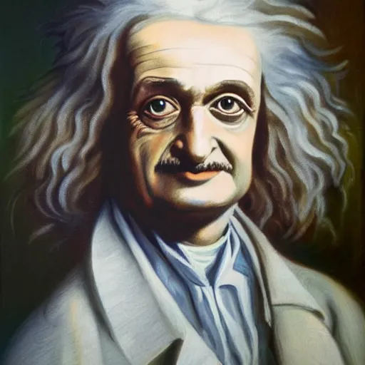 Image similar to oil painting portrait of the lovechild of Isaac Newton and Albert Einstein