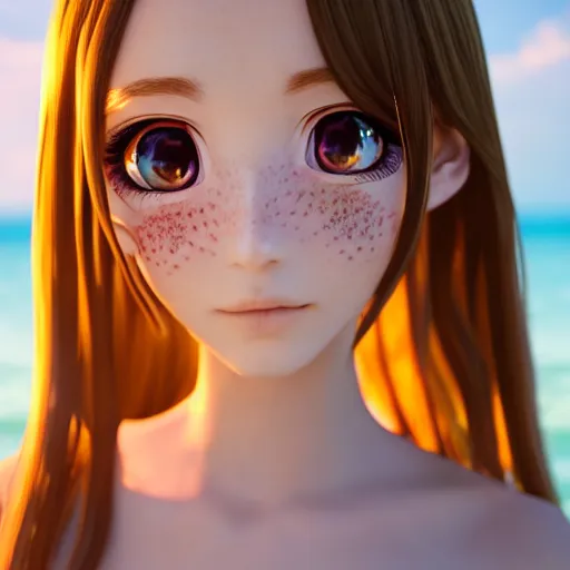 Prompt: Render of a very beautiful 3d anime girl, long hair, hazel eyes, cute freckles, full round face, short smile, cute sundress, golden hour, serene beach setting, medium shot, mid-shot, highly detailed, trending on Artstation, Unreal Engine 4k