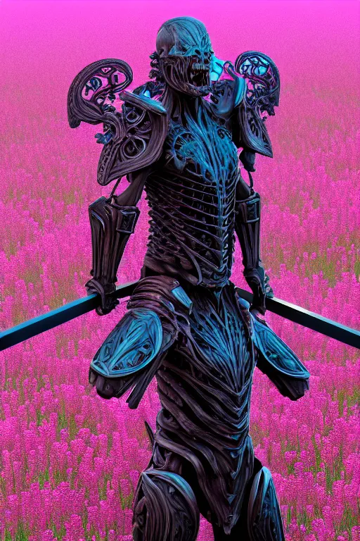 Image similar to hyperrealistic neo - gothic muscular human demon hybrid, exoskeleton armor, holding katana, field of pink flowers, highly detailed digital art masterpiece, vitaly bulgarov dramatic dark teal light, ground angle hd 8 k, sharp focus