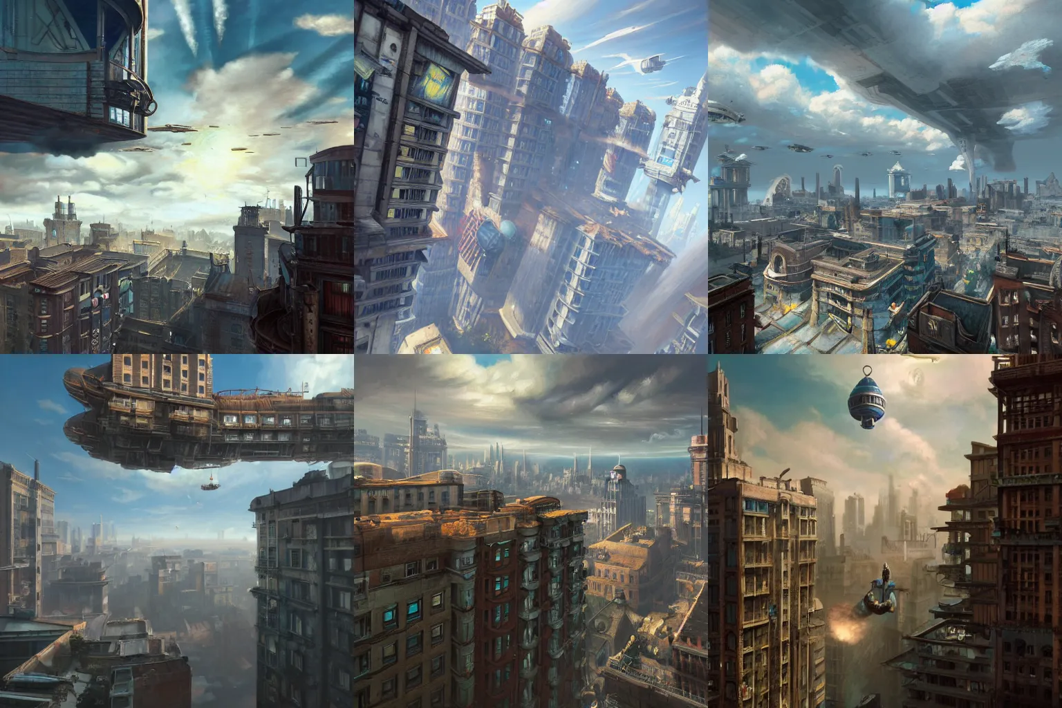 Prompt: buildings floating in the air, connected by walkways, bioshock infinite style, retropunk, high altitude, clouds, architecture, a realistic digital painting by greg rutkowski and james gurney, trending on artstation, highly detailed, 8 k