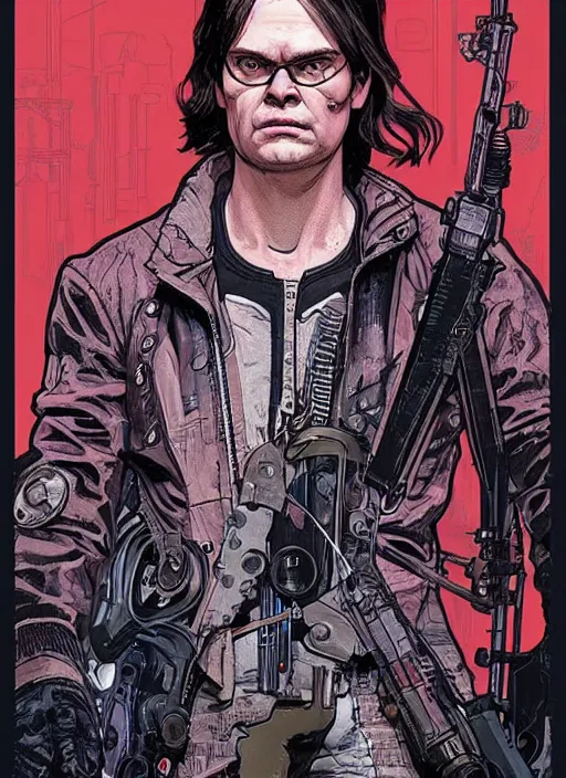 Image similar to cyberpunk dwight schrute. portrait by ashley wood and alphonse mucha and laurie greasley and josan gonzalez and james gurney. spliner cell, apex legends, rb 6 s, hl 2, d & d, cyberpunk 2 0 7 7. realistic face. vivid color. dystopian setting.