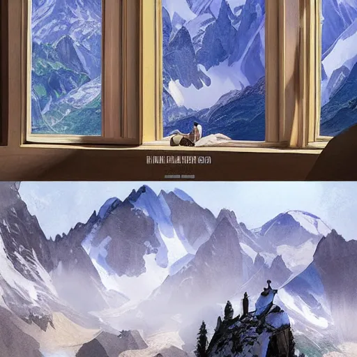 Image similar to Poetic sequence in Mr. Clean, a movie by Wes Anderson starring Adrian Brody. Adrian Brody tries to clean the windows of a large hotel in the Alps with mountain in the background. Elegant, intricate, digital painting, artstation, concept art, smooth, sharp focus, illustration, art by artgerm and greg rutkowski and alphonse mucha