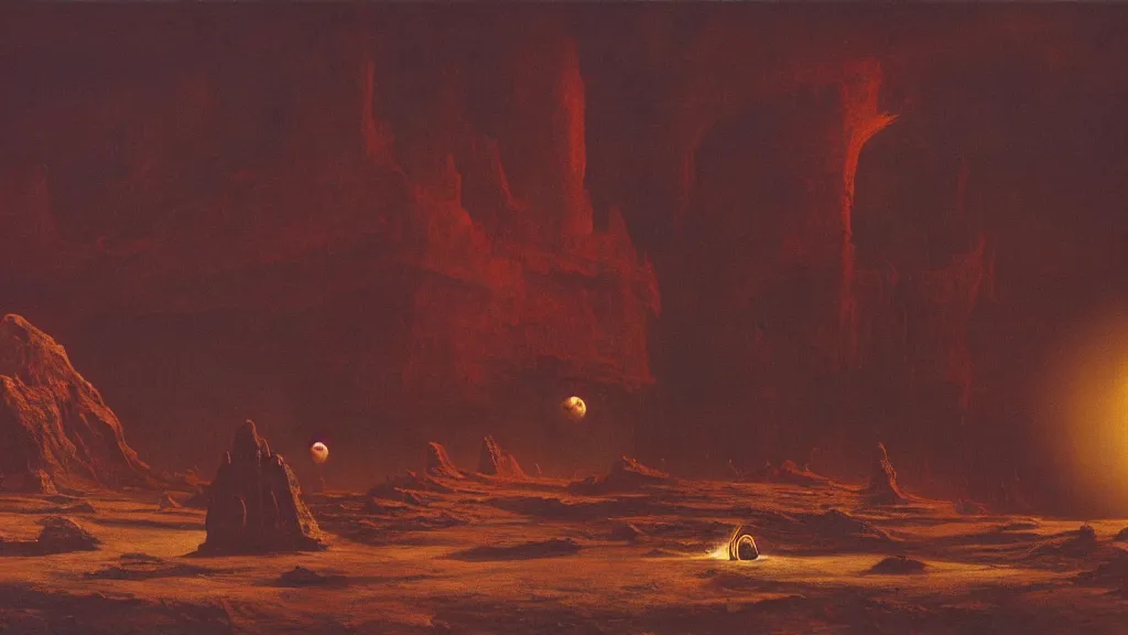 Image similar to otherworldly atmosphere of the first spaceship on venus by arthur haas and bruce pennington and john schoenherr, cinematic matte painting