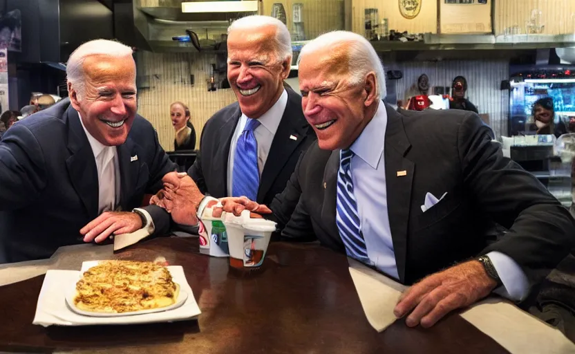 Image similar to a photo of joe biden at papa john's with shaquille o'neal