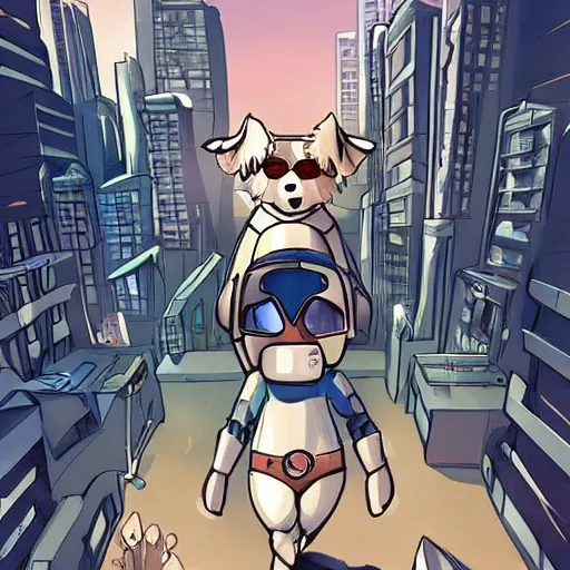 Image similar to cream colored havanese dog dressed as a super hero, looking over a futuristic city, wide shot, highly coherent, saga comic, graphic novel, fiona staples