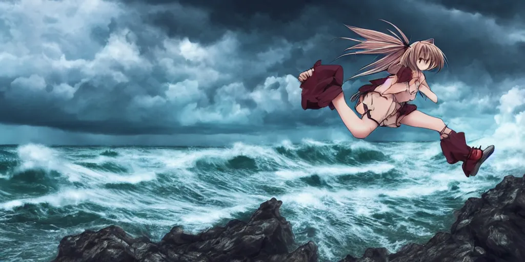 Image similar to anime catgirl jumping through a precipice on the coast up high, waves shattering on the rock, dramatic atmosphere, gloomy rainy weather, cinematic