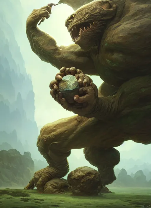 Image similar to an earth elemental throwing a rock, intricate, brutal, highly detailed, digital painting, artstation, concept art, smooth, sharp focus, illustration, art by artgerm and greg rutkowski and alphonse mucha, 8 k