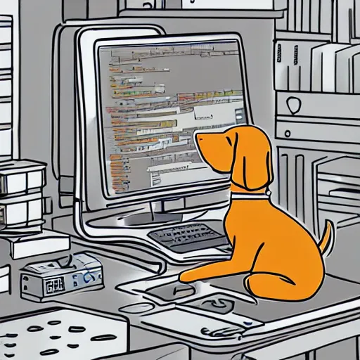 Prompt: a dog building a computer, digital art, illustration