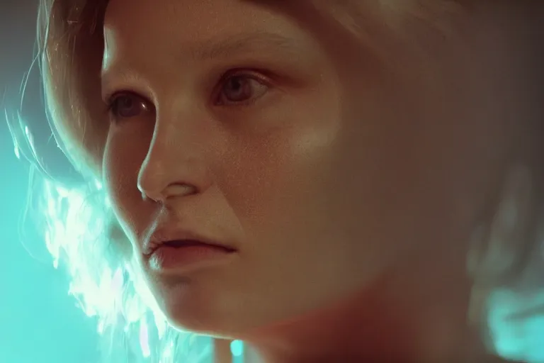 Image similar to VFX movie of a futuristic space woman gorgeous closeup portrait in future spaceship, beautiful natural skin neon lighting by Emmanuel Lubezki