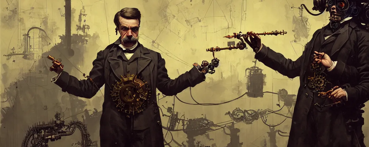 Image similar to duotone dark concept illustration 3 / 4 portrait of friedrich nietzsche as steampunk cyborg with dynamite in his hand. highly detailed mechanism cinematic lighting. fibonacci golden ratio accidental renaissance. by sachin teng and sergey kolesov and ruan jia and heng z. graffiti art, scifi, fantasy, hyper detailed. octane render. concept art. trending on artstation