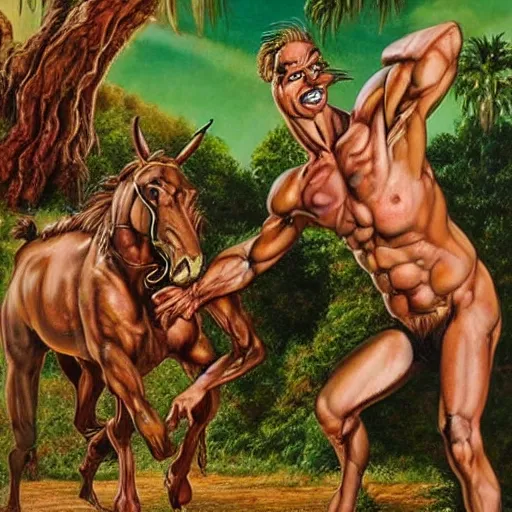 Image similar to beautiful lifelike painting of a centaur centaur centaur chimera tom cruise torso, hyperreal detailed facial features and uv lighting, art by ed roth and basil wolverton