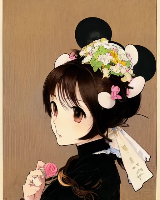 Image similar to A cute frontal painting of a very very beautiful anime skinny mousegirl with long wavy brown colored hair and small mouse ears on top of her head wearing a cute black dress and black shoes looking at the viewer, elegant, delicate, feminine, soft lines, higly detailed, smooth , pixiv art, ArtStation, artgem, art by alphonse mucha Gil Elvgren and Greg rutkowski, high quality, digital illustration, concept art, very long shot