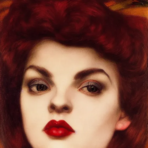 Image similar to portrait of a hybrid of judy garland and lady gaga, brown fringe, full lips, large downslanted eyes, holman hunt, john william waterhouse, kilian eng, rosetti, john everett millais, william holman hunt, 4 k