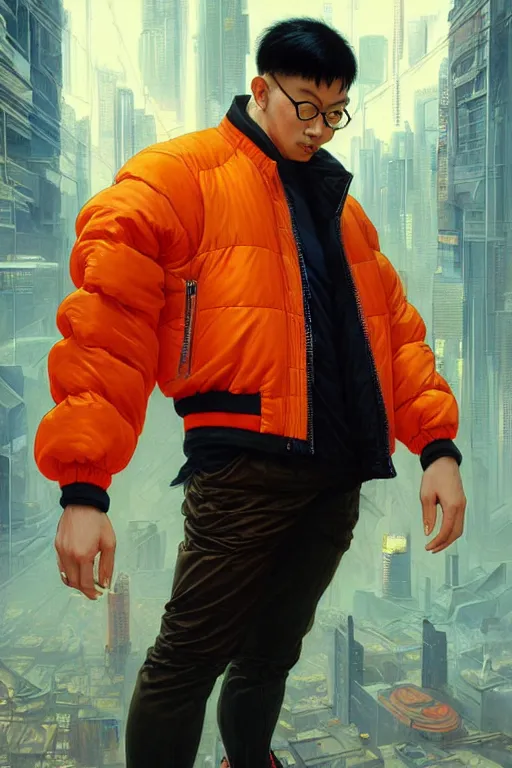 Image similar to an east asian man with short black hair, broad shoulders, thick round spectacles, wearing a bright orange bomber jacket, seductive cyberpunk dark fantasy, art by artgerm and karol bak and moebius and alphonse mucha and greg rutkowski, hyperdetailed, ultrarealistic, octane render
