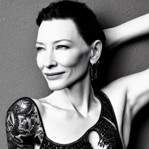 Image similar to high resolution image of cate blanchett with full body japanese tattoo , highly detailed, photorealistic, 4k