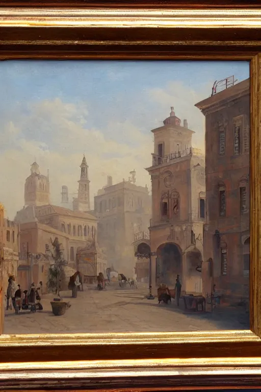 Image similar to painting of view of old European city with mix of vicotris houses and middle eastern architecture fusion, photoreal, sunlit morning smog , painting by Charles Leickert , old master painting
