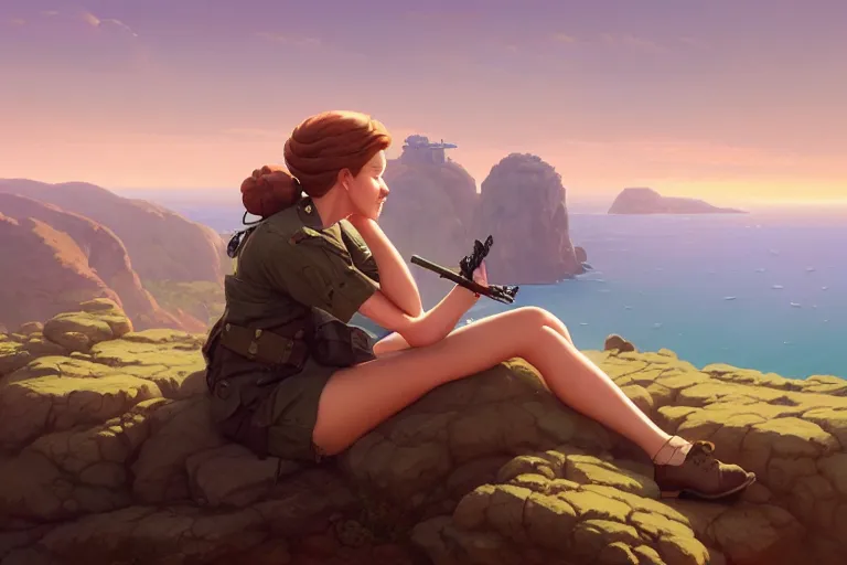 Image similar to a painting of a military woman sitting on a cliff, smoking a cigarette, a character portrait bytom bagshaw, rhads, makoto shinkai, lois van baarle, ilya kuvshinov, and rossdraws, global illumination, cg society, fantastic realism, intricate, detailed