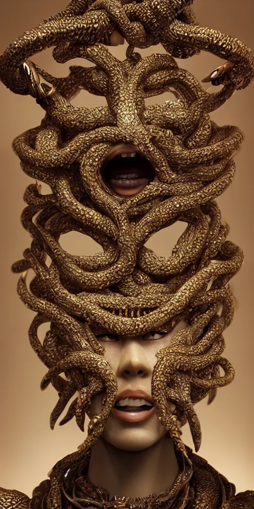 Image similar to hyperrealism, detailed textures, photorealistic japanese medusa queen, intricate, detailed facial animal mask, golden jewelery, japanese style, ultra realistic, cinematic, intricate, cinematic light, unreal engine 8 k