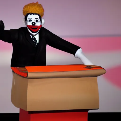 Prompt: mad puppeteer using marionette of a president thats has clown makeup in a podium