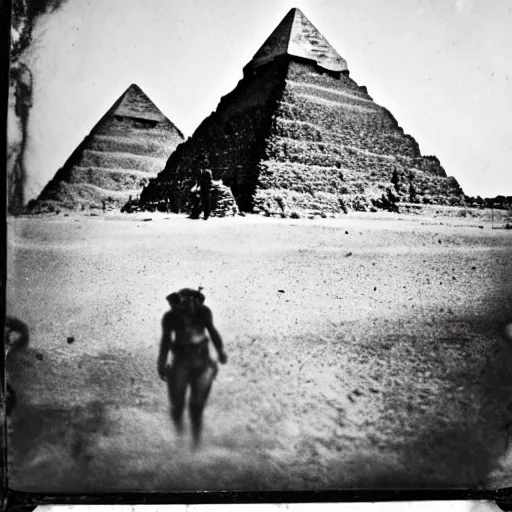 Image similar to tintype photo, underwater, Bigfoot walking in front of the pyramids