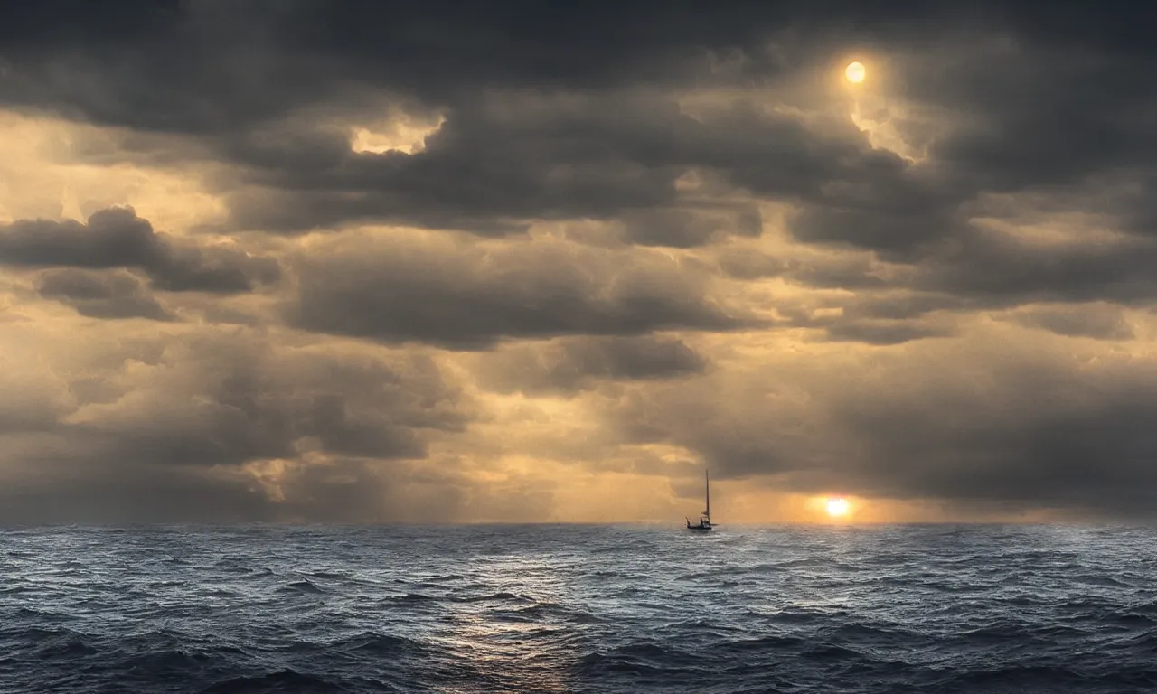 Prompt: eerie sun setting over stormy sea, photo realistic, hyperreal, bough of boat in foreground