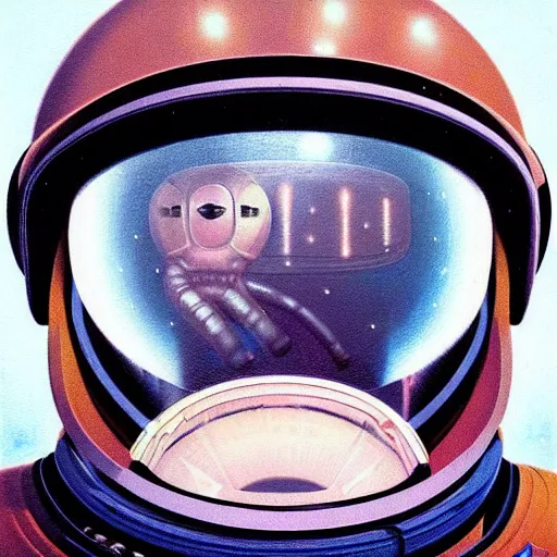 Prompt: Portrait of a Police astronaut wearing helmet in the style of James Gilleard, Zdzislaw Beksinski, Mark Ryden, Wolfgang Lettl highly detailed, hints of Yayoi Kasuma