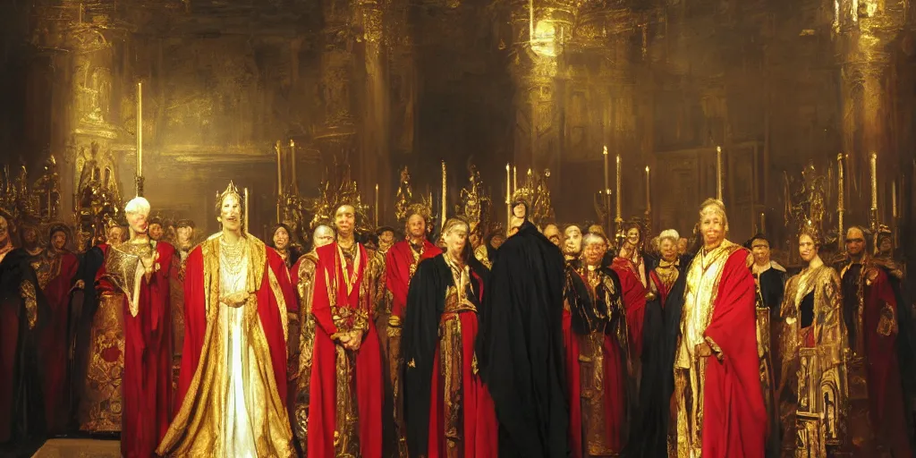 Image similar to beautiful oil matte portrait painting, steve buscemi in royal crimson robes enthroned as the god emperor of ancient rome surrounded by servants in gilded halls a golden wreath upon his head, by anders zorn, wonderful masterpiece by greg rutkowski, beautiful cinematic light, american romanticism, by thomas lawrence, greg rutkowski