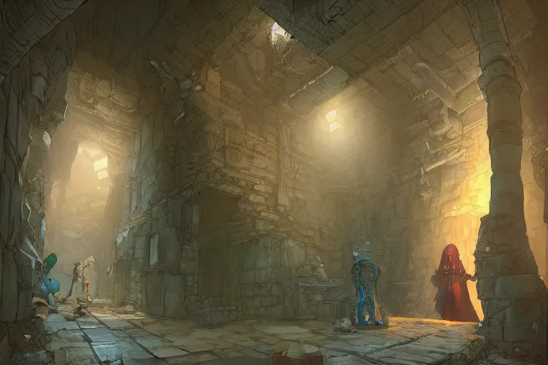 Image similar to one point perspective dungeon cozy fantasy dungeon hallway view with pit in the middle of the ground by artgerm and Craig Mullins, James Jean, Andrey Ryabovichev, Mark Simonetti and Peter Morbacher 16k
