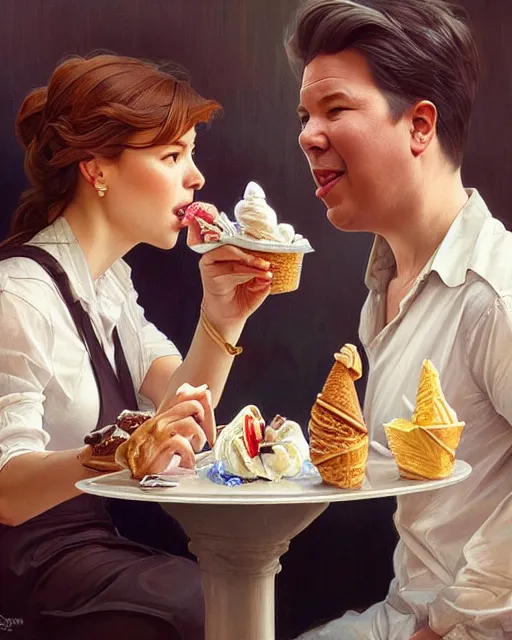 Image similar to Portrait of a  Anya Amasova and Michael mcintyre eating ice creams in Porto,real life skin, intricate, elegant, highly detailed, artstation, concept art, smooth, sharp focus, art by artgerm and greg rutkowski and alphonse mucha