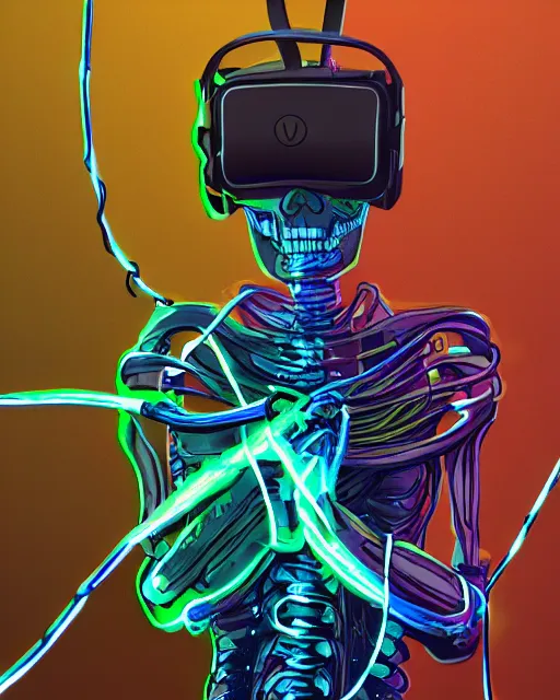 Image similar to xsullo digital painting of cyberpunk skeleton tethered to a bunch of wires and cords and chains wearing a vr headset neon glowing painting