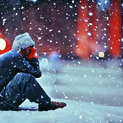 Image similar to close up front side view, man sitting on park bench on christmas eve smoking cigarette snowing snowy. cigarette glowing embers smoke volumetric c4d. harsh lighting, live action photo 1993 film. bokeh Christmas lights in the background