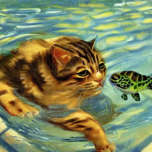 Image similar to painting of a cat playing with a turtle in a swimming pool, impressionism