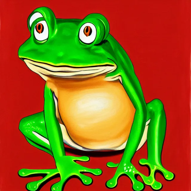 Image similar to painting of a smiling green frog with rosy cheeks stirring a steaming bowl of brown beans. the frog is in the sitting position and has a small yellow oval belly. green yellow pink splotchy background.