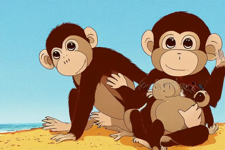 Image similar to high definition illustration of a monkey holding its baby in its lap, while walking along the beach, studio ghibli style, highly detailed, fun,