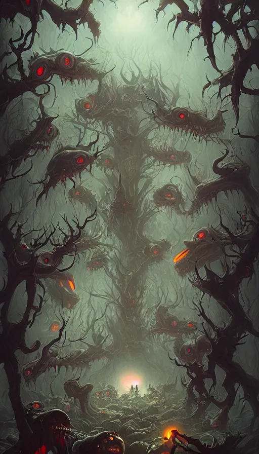 Prompt: a storm vortex made of many demonic eyes and teeth over a forest, by peter mohrbacher