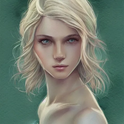 Image similar to teen boy, middle length hair, blonde hair, green eyes, gorgeous, amazing, delicate, feminine, elegant, intricate, highly detailed, watercolor, portrait, artstation, concept art, sharp focus, illustration, art by charlie bowater and Ross tran