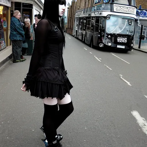 Prompt: A goth emo girl loitering around a British high street, 2006