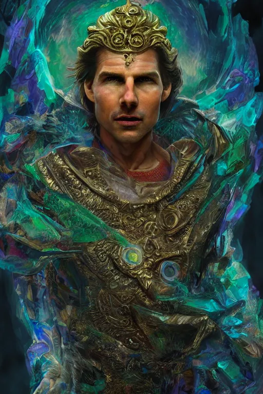 Image similar to a cinematic shot of a hyperdimensional jester, tom cruise, opalescent quartz, gemstone, 4k detailed hyperrealistic digital photo by Andy Thomas, Mario Martinez, Daniel Mirante, Gustave Dore, Artstation, CGsociety, masterpiece