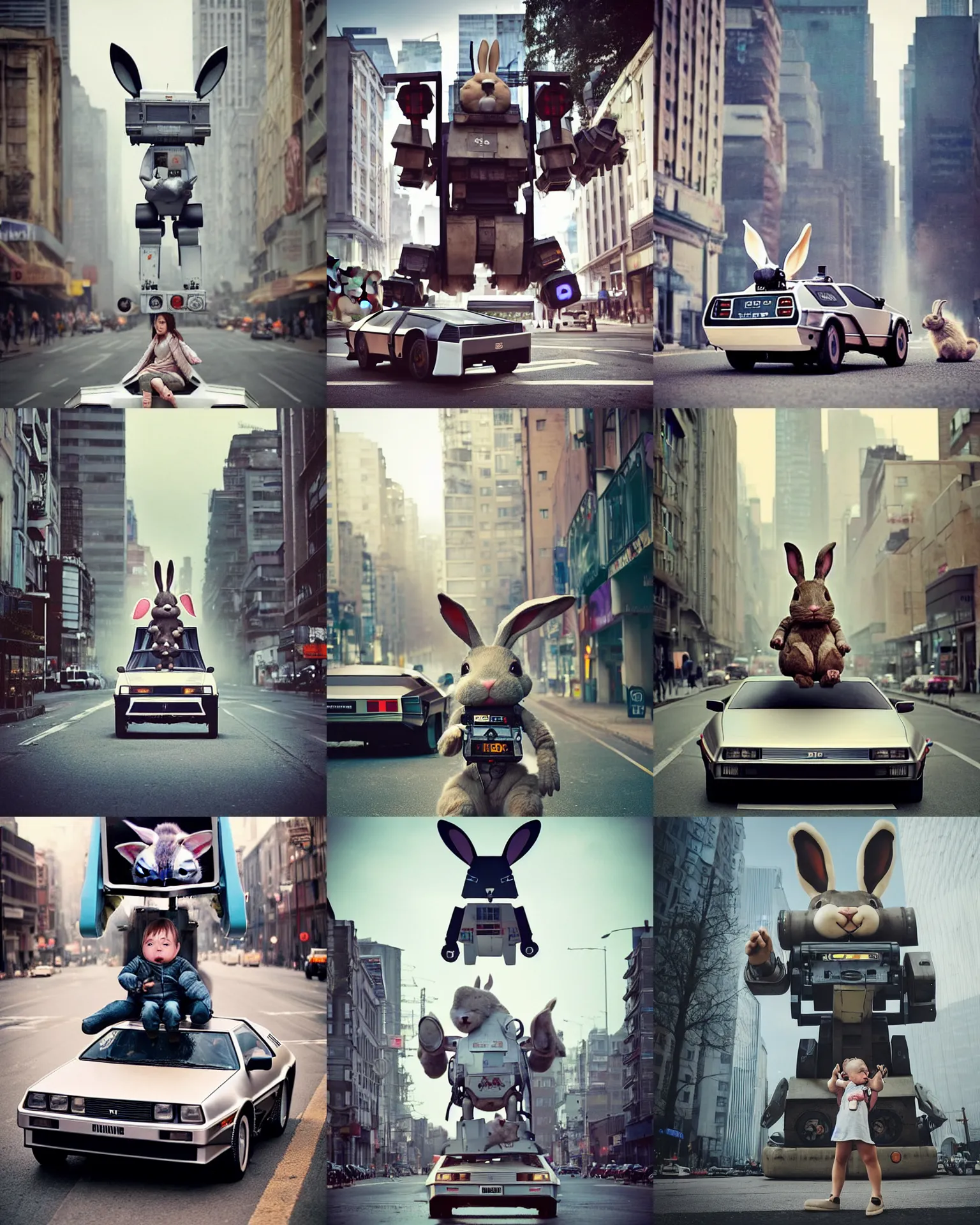 Prompt: epic pose!!! giant oversized battle rabbit robot chubby mech baby sport delorean double decker with giant oversized ears and rabbit babies, in busy city, full body, cinematic focus, polaroid photo, vintage, neutral dull colors, soft lights, foggy mist, by oleg oprisco, by thomas peschak, by discovery channel, by victor enrich, by gregory crewdson