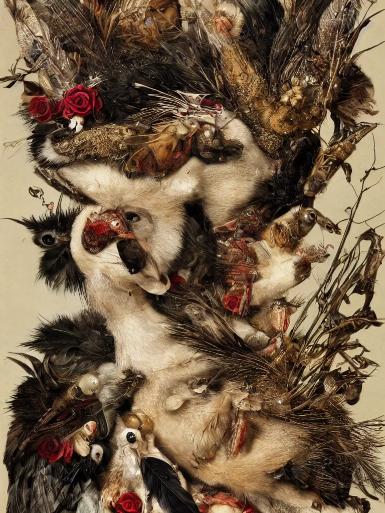 Prompt: Detailed maximalist portrait with cracked porcelain skin, dark doe eyes, a small rosebuf mouth, feather and milk, beetles and cicadas, fox fur and weasels, humminbirds and crows, HD mixed media, 3D collage, highly detailed and intricate, surreal illustration in the style of Caravaggio, dark art, baroque