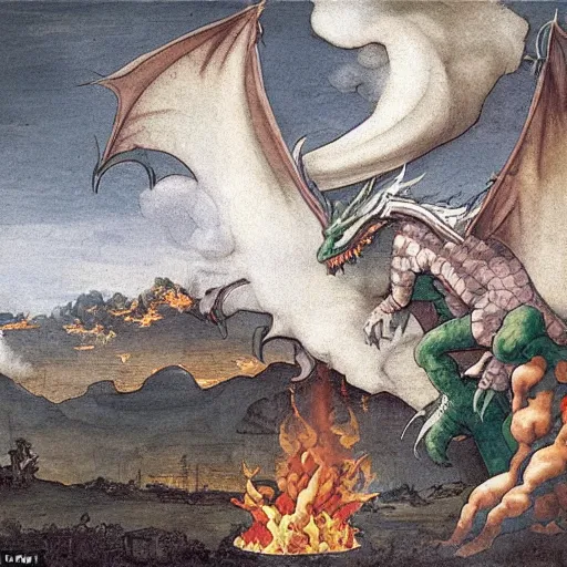 Image similar to Dragon spits fire on a man, burning village in background, plumes of smoke in background, at night, Michelangelo painting, highly-detailed