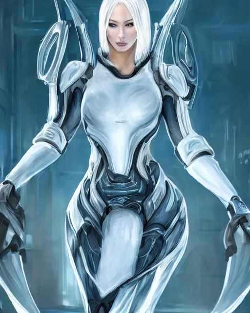 Image similar to perfect aidrafox with white hair, warframe armor, beautiful, dreamy, pretty face, blue eyes, portrait, bright light, scifi, utopian architecture in the background, laboratory, ultra realistic, intricate, glow, cinematic, extreme details, focused, masterpiece, art by seunghee lee, blair armitage