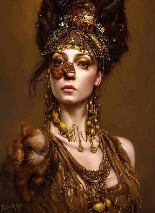 Prompt: highly detailed oil painting | very intricate | cinematic lighting | very detailed cute face | tribalfusion bellydancer fully dressed by alexander mcqueen | by roberto ferri, by tom bagshaw, by singer sargent and klimt, american romanticism, occult art | by austin osman spare, artstation, cgsociety, official art, octane