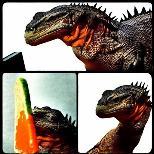 Image similar to “ a muscular komodo dragon, eating orange popsicle, in the style of baz luhrmann, romeo and juliet, hyper realistic, cinematic. ”