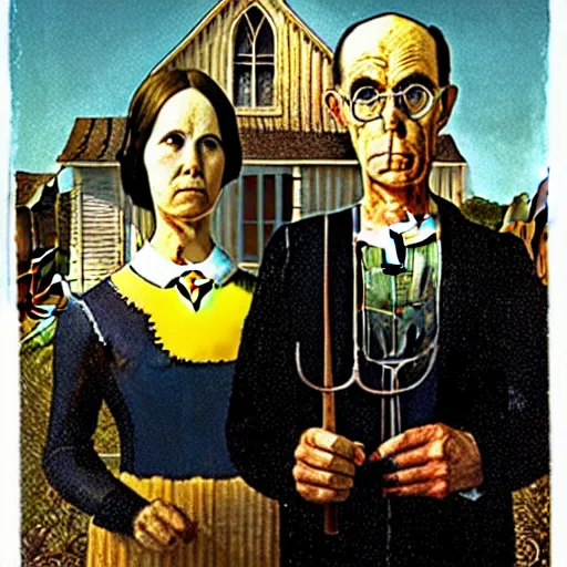 Prompt: nite - owl and silk spectre standing behind the owlship in the style of american gothic by grant wood, nite - owl, silk spectre, owlship, american gothic