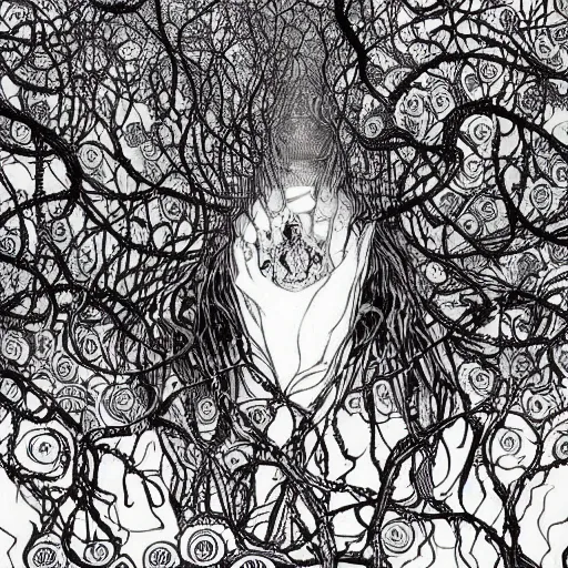 Prompt: psychedelic horror art eldritch forest of fingers and tentacles creepy horror by godmachine victo ngai yoji shinkawa junji ito shintaro kago apophasis hyperrealism photo - realistic demon hyperdetailed photography photorealistic