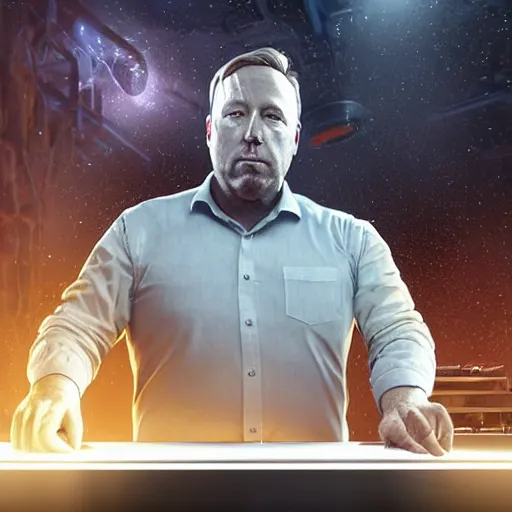 Image similar to hyperrealistic mixed media image of info wars alex jones at desk wearing tin foil hat, stunning 3 d render inspired art by xiang duan and thomas eakes and greg rutkowski, perfect facial symmetry, hyper realistic texture, realistic, highly detailed attributes and atmosphere, dim volumetric cinematic lighting, 8 k octane detailed render, post - processing, masterpiece,