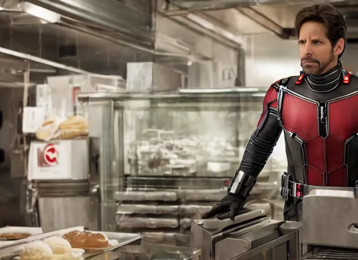 Image similar to film still of Antman working in a bakery in the new Avengers movie, 4k